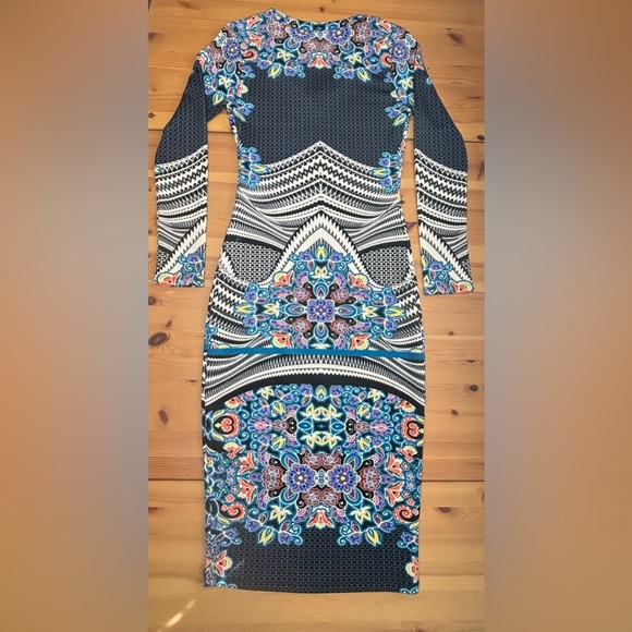 Fire Los Angeles Bodycon Midi Dress Size Small V-Neck Long Sleeve Stretch - Picture 6 of 16